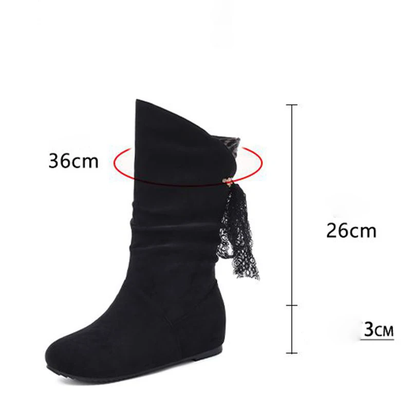 

ASILETO Suede Women Mid Calf Boots Round Toe Slip On Increased Heels 3cm Ribbon Large Size 41 52 43 Sweet Dating Booties