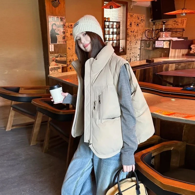 Autumn Winter Down Cotton Vest Women New Sleevele Stand Parkas Warm Short Vest Coat Female Waistcoat Overcoat Ladies Tops