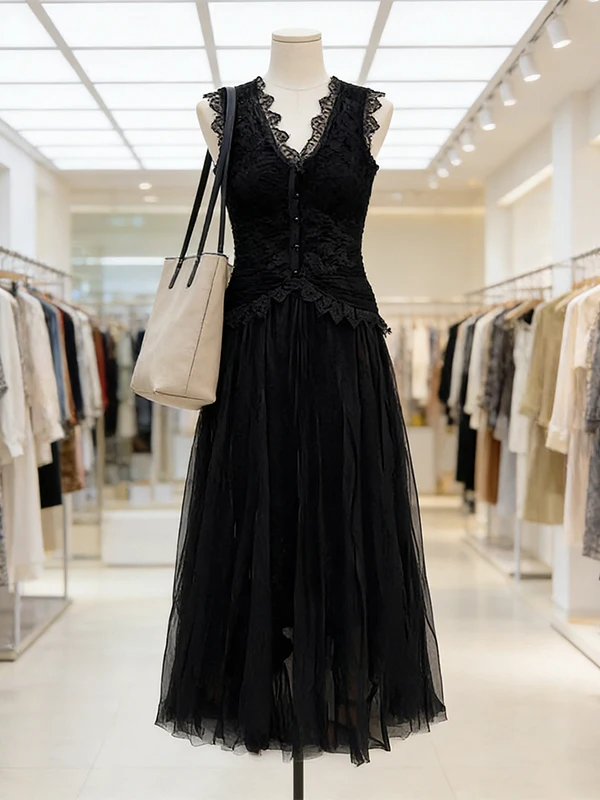 

Large Size Women's Summer Lace Trim Sleeveless Top Mesh Half Skirt Two Piece Set Commute Style Korean Version Slim Fit Low Waist