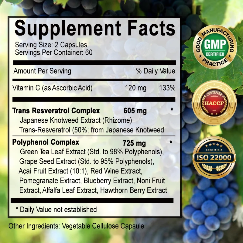 Resveratrol Benefício 1450 Mg Poderoso Antioxidante e Anti-resveratrol para Antienvelhecimento e Apoiando a Saúde Cardiovascular