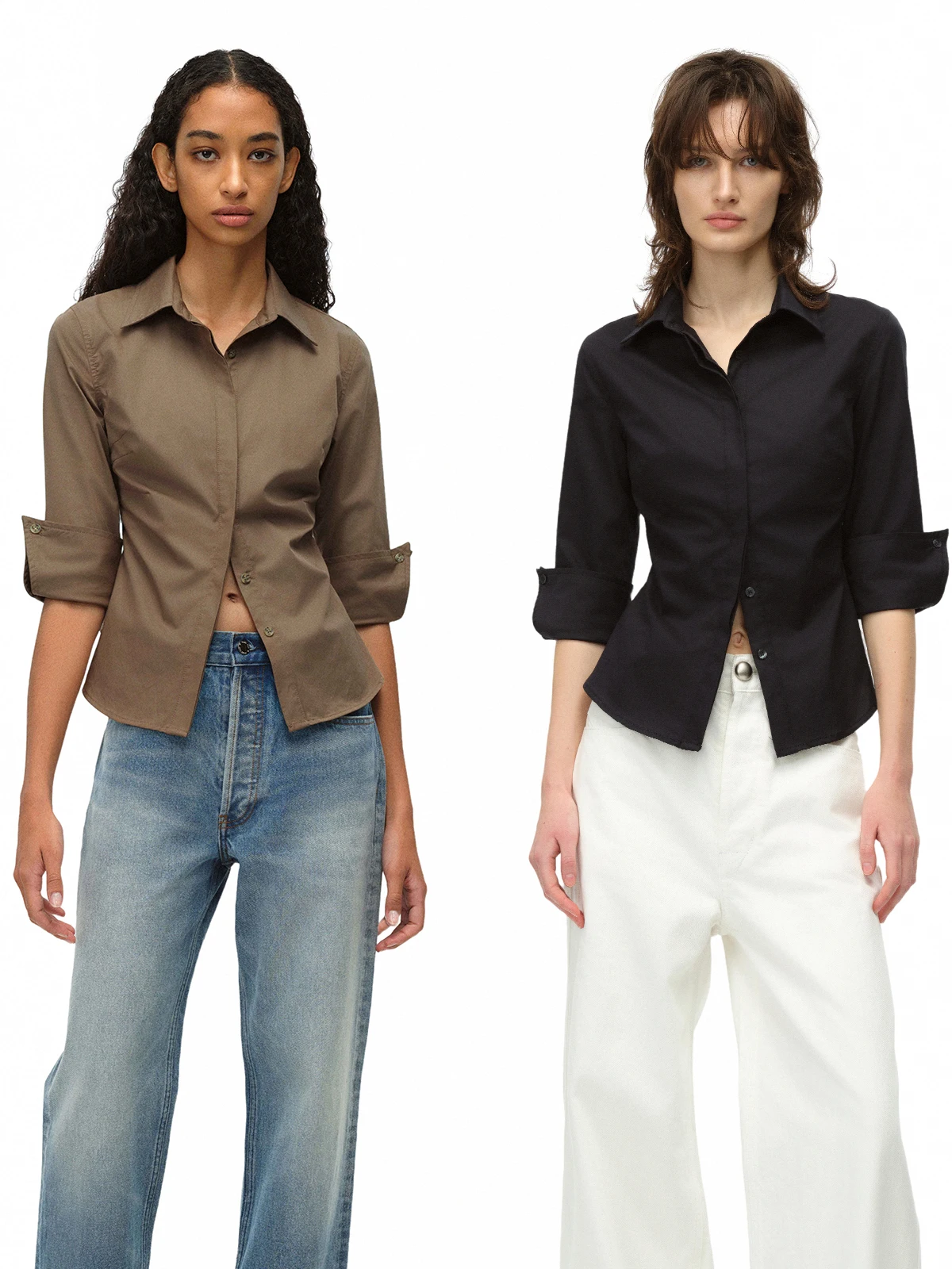 

Slim Fit Blue Coffee Color Thin Sleeve Business Shirt Breathable Cotton Polyester Blend Collar Button up Women's Shirt