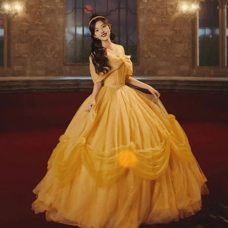 2025 High End Luxury Belle Fairy T Forest System Long Evening Gown Yellow Princ Sle Wedding Dr Women's New