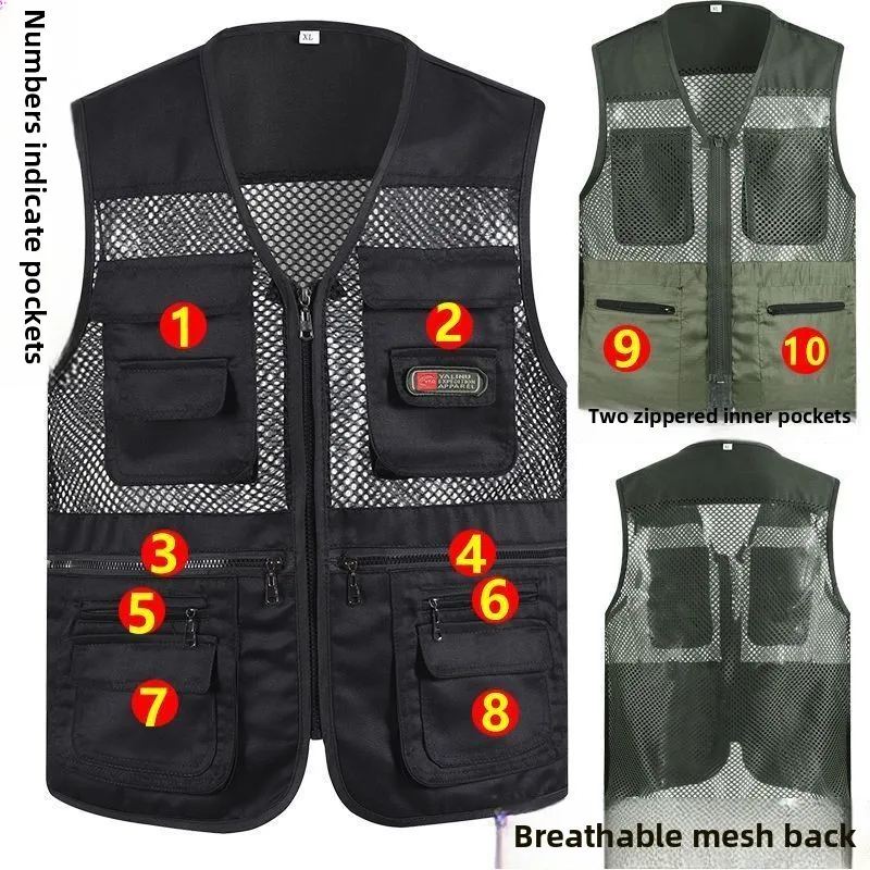 Men's Summer Mesh Vest Loose Quick Dry Photography Fishing Mid-aged And Elderly Shoulder Pad Vest Multi-pocket Workwear