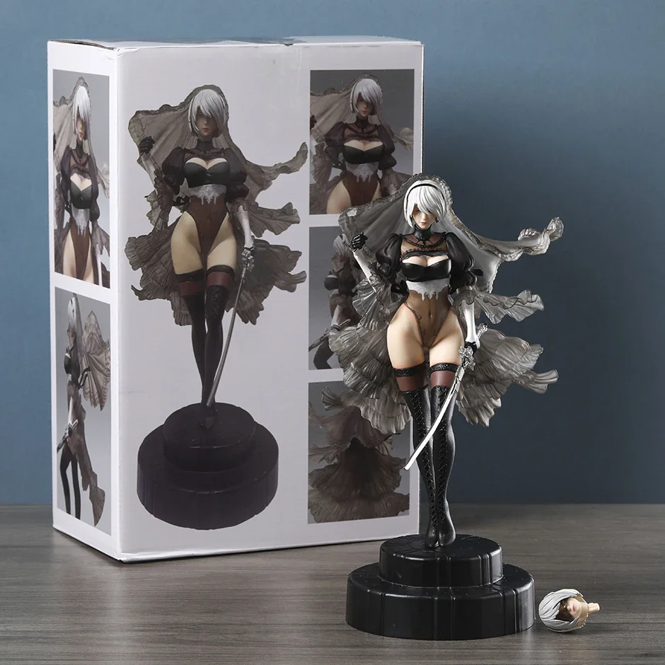 Nier:Automata 2B Wedding Dress with Replaceable Head Figurine Doll Collectible Model Decoration Toy Bridal Neil Double-Headed
