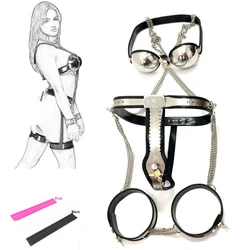 3pcs/Set Female Chastity Belt Bdsm Bondage Adult Games Stainless Steel Chastity Pants Bra Thigh Ring Cuffs Sex Toys For Woman