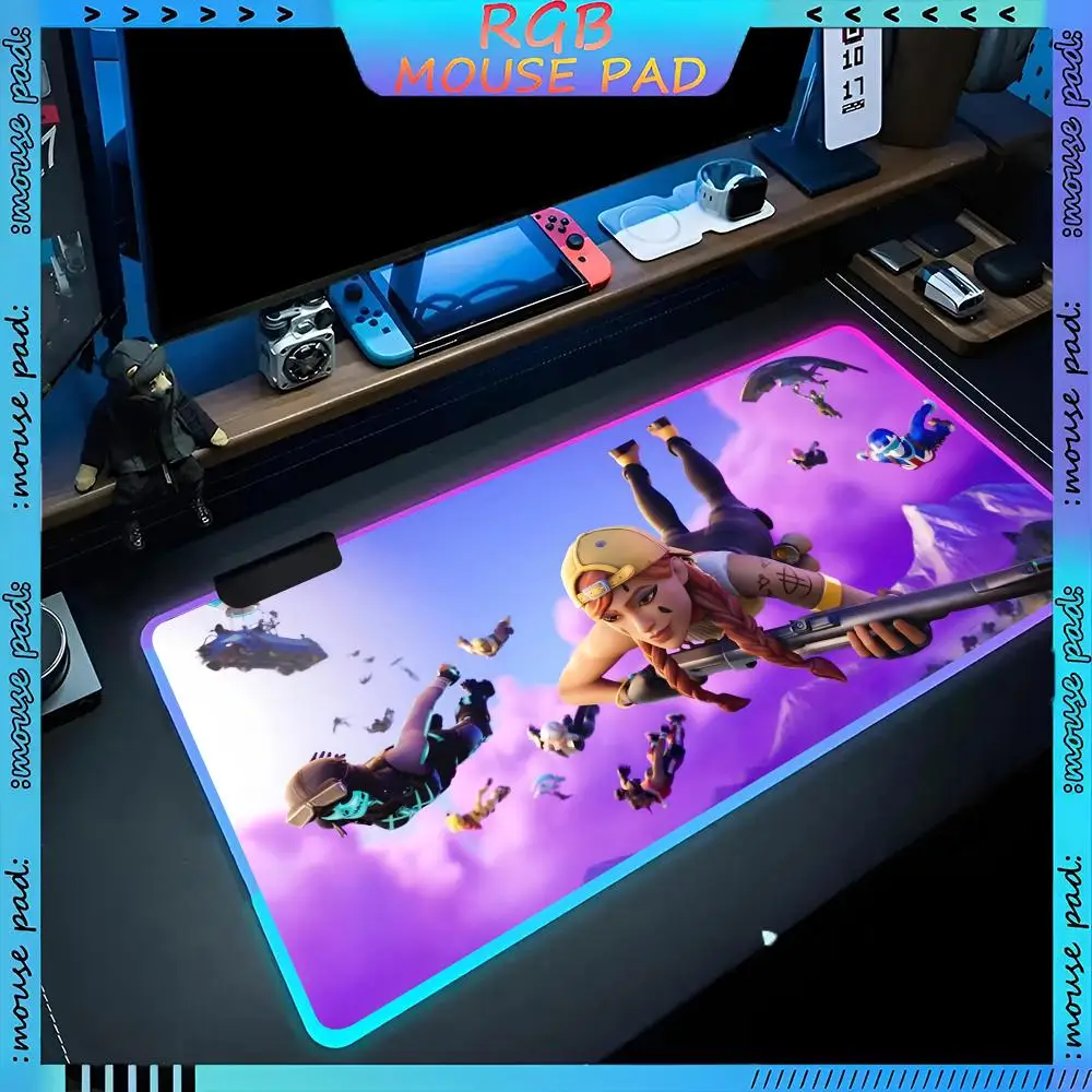 

F-Fortnites Mouse Pad RGB Pc Accessories LED Game Desk Mat E-sport Table Protector Neon Keyboard Mat Backlit Carpet Rug Give gif