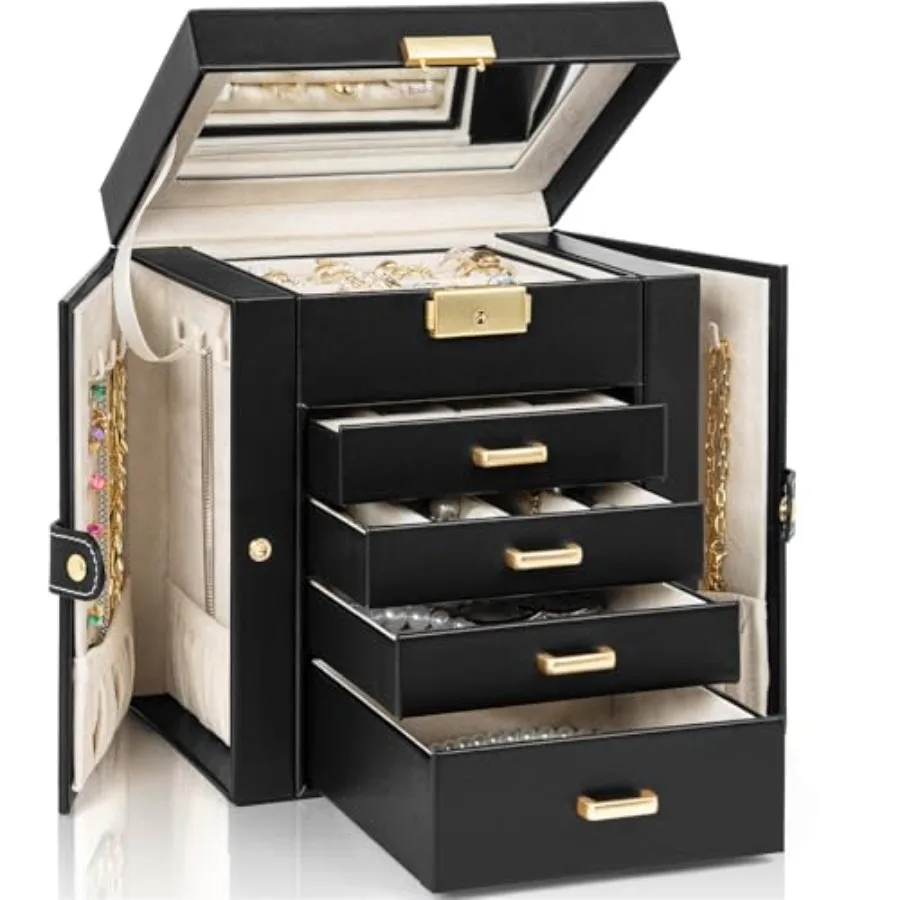 5-Tier Jewelry Box Leather Jewelry Storage Organizer with 4 Drawers Lockable for Women Girls Ring Necklace Earring Bracelet Wat