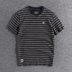 2025 Summer New American Retro Short-sleeved O-neck Stripe T-shirt Men's Fashion Simple 100% Cotton Washed Old Casual Sport Tops