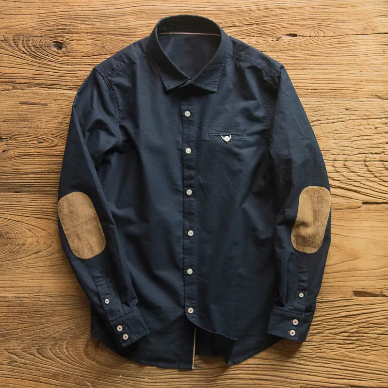 

2026 Spring New American Retro Long-Sleeve Lapel Elbow-patched Oxford Fabric Shirt Men's 100%Cotton Loose Fashion Casual Blouses