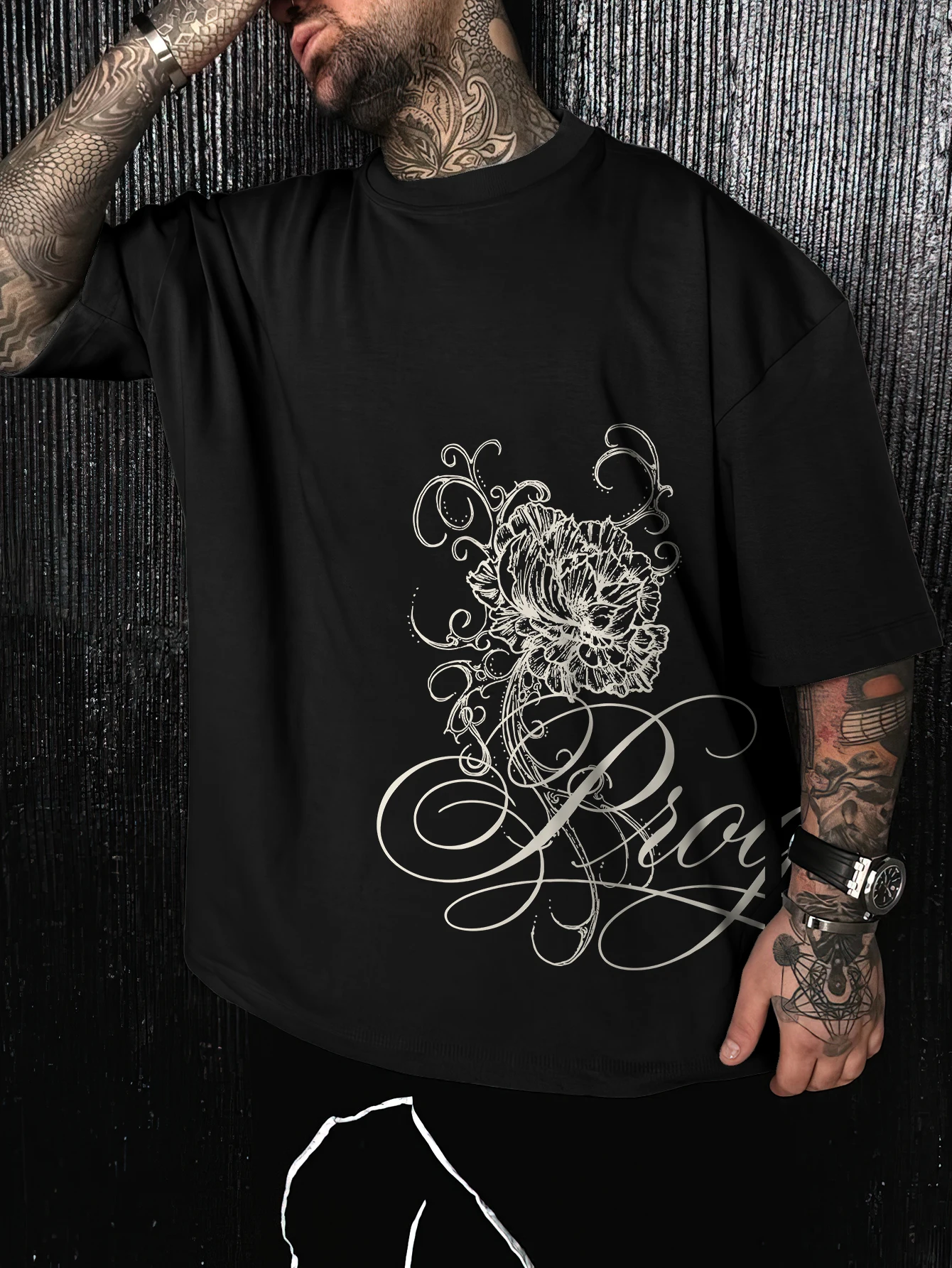 Men's Oversized Streetwear Peony Flower Cursive Letter Front Print Polyester Short Sleeve Crewneck T Shirt S-2XL All Size 1Pc