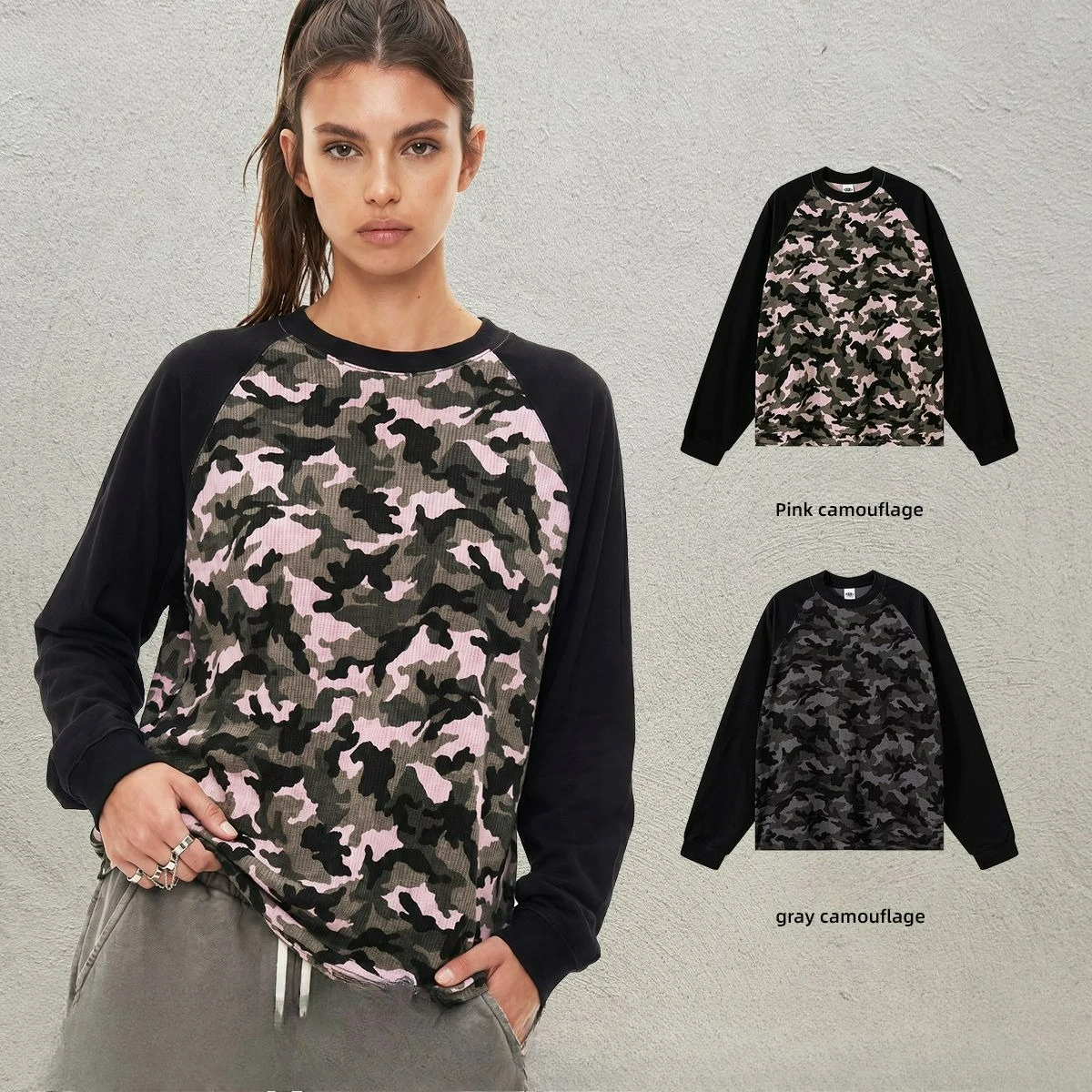 Custom LOGO Men's 250G Cotton Polyester American Street Ragged Sleeves Camouflage Splicing Waffle Long Sleeve T-Shirt Couple On