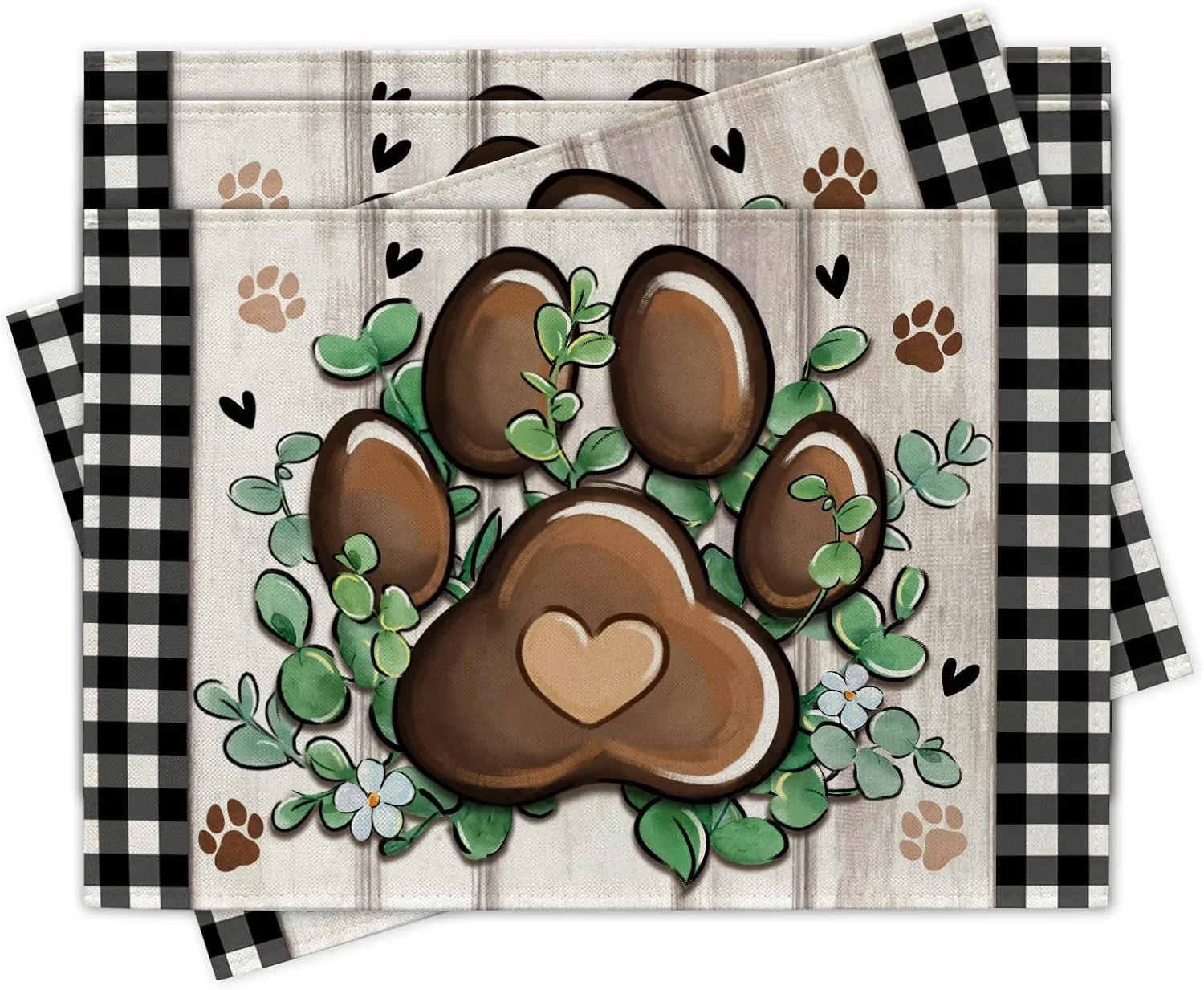 4/6/8pc Modern Farmhouse Placemat Set, Buffalo Plaid Dog Paw Print Linen Table Mats for Dining Table
