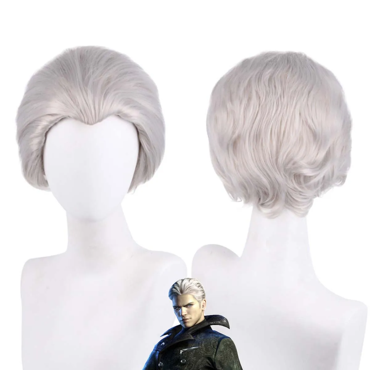 Men Game Devil May Cry Vergil Cosplay Wig Silver Grey Back Short With Widow's Peak Heat Resistant Synthetic Halloween Role Play