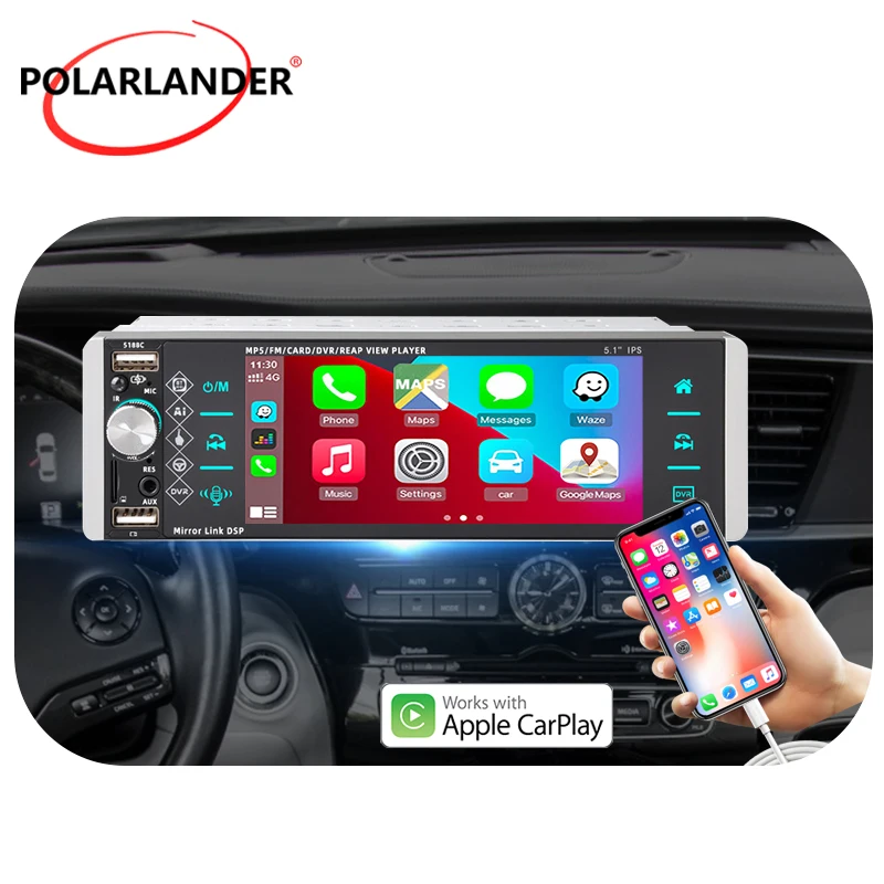 

PolarLander 1 Din 5.1 Inches Car Multimedia MP5 Player Touch ​Screen Carplay Android Auto Mirrorlink RDS AM FM 3-USB