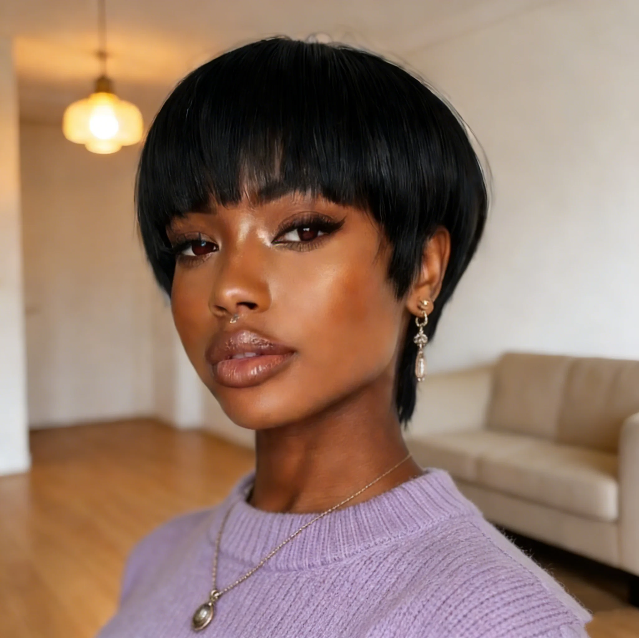 

Парик из натуральных волос для женщин, стрижка «пикси», с челкой, прямой, машинной работы, короткий, многослойный, для повседневного использования