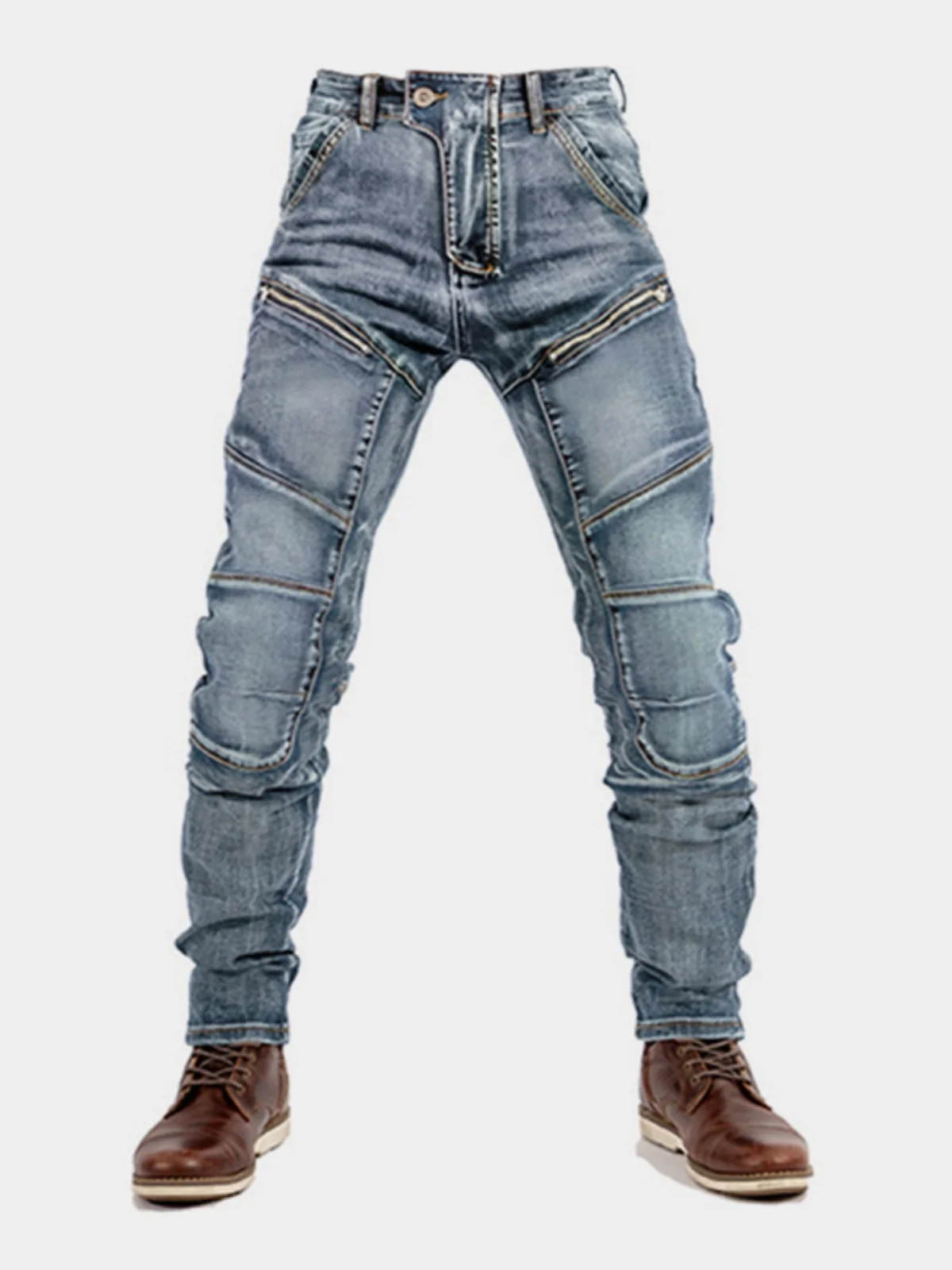 

Мужские облегающие мотоциклетные джинсы 2025 года, весна-осень, с двойной молнией, для езды на велосипеде, повседневные прямые брюки со средней талией