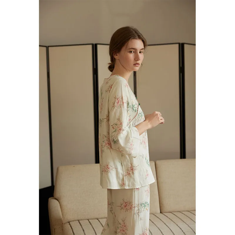 Women Vintage Bamboo Cotton Breathable Sleepwear Simple Round Neck Long Pants Two-Pieces Pajamas Sweet Printed Full Sleeves PYJS