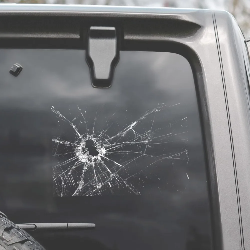 Temporary Prank Broken Glass Crack Decal with Bullet Hole Effect, 1 Piece Removable Vinyl Sticker No Residue Decor for Truck Ves