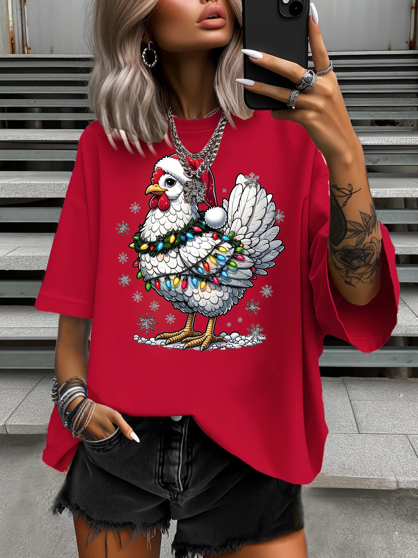 Zomer Dames Plus Size T-shirt Origineel Ontwerp Sneeuwvlok Kerstmuts Gedrukt Dames Casual Ronde Hals Korte Mouwen Tops