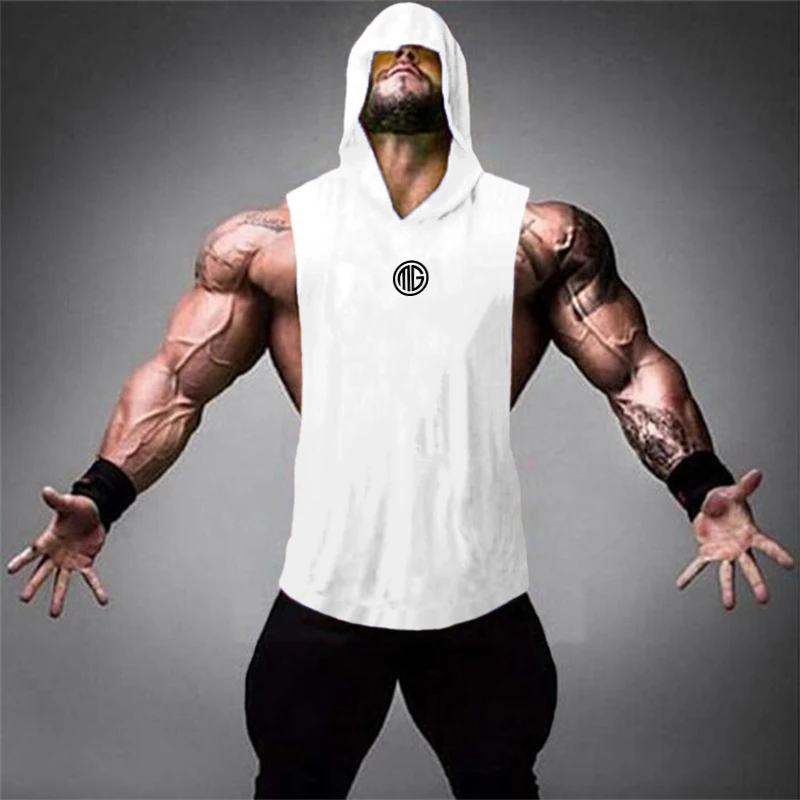 Men Summer Running Vests Cotton Sleeveless Hooded Tank Top Gym Workout Fitness Training Bodybuilding Sport Casual Vests For Male