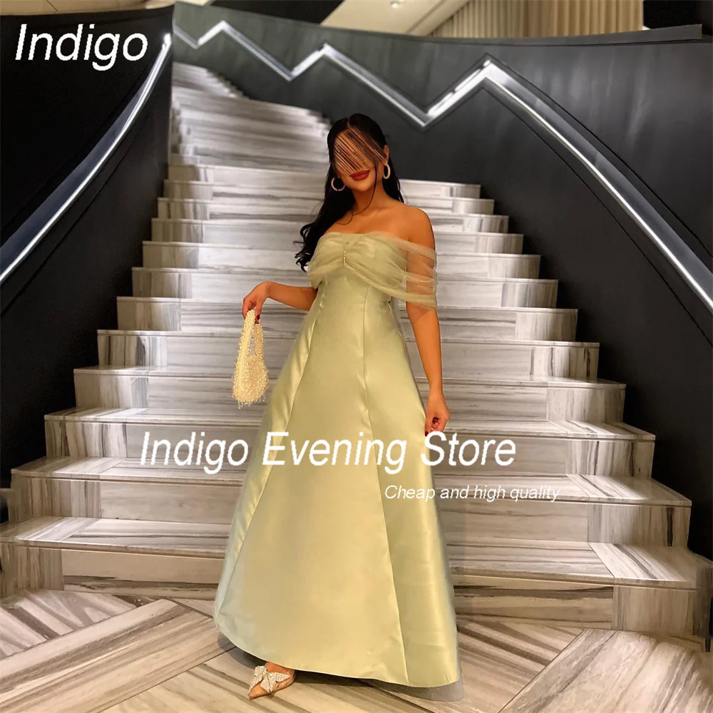 Indigo คลาสสิก A-Line ปิดชุดราตรีไหล่ 2025 Strapless Pleat ซาตินอย่างเป็นทางการ Party Prom ชุด FBساتة ที่กําหนดเอง