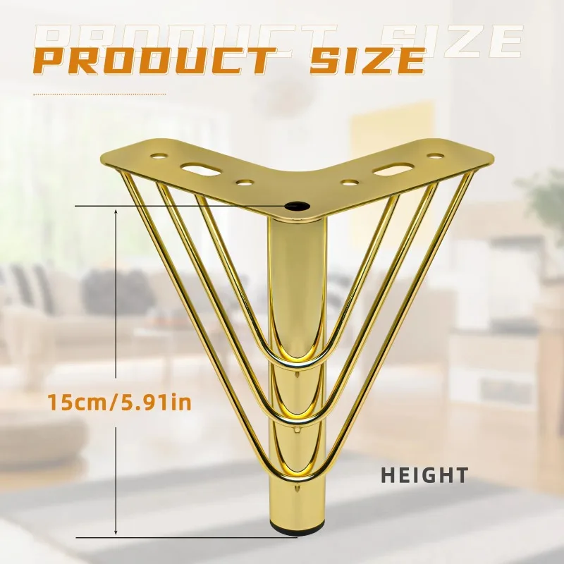 Heavy Duty Thickened Golden Polished Metal Furniture Support Legs 4Pcs 5.91Inch Replacement Feet for Sofa Bed TV Cabinet Vanity