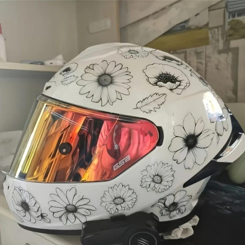 

2D flat motorcycle helmet sticker with a white sunflower pattern - suitable for motorcycle, car bumpers, and body decoration.