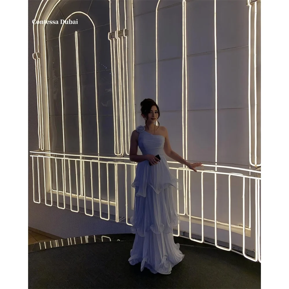 

Contessa Dubai Edge Curl Waist Cinching PromDresses One Shoulder Flower Sleevelessفساتين سهراتPleats Sweep Train robes de soirée