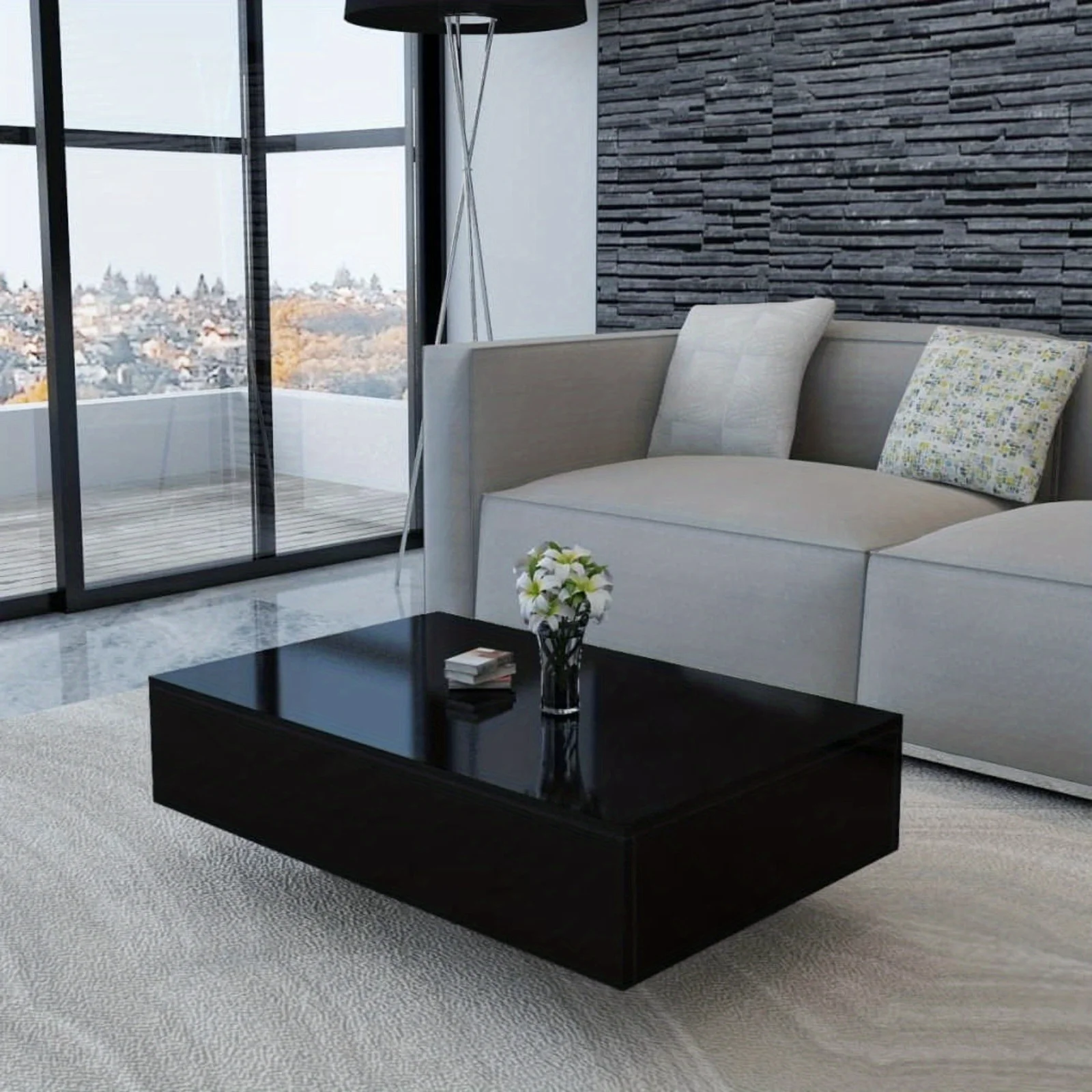 Living Room Rectangle High Gloss Black Coffee Table  Black 33.5"x21.6"x12.2"