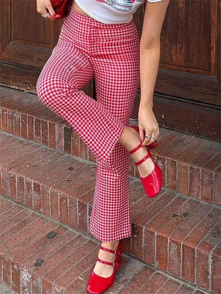 Women Y2K Plaid Pants High Waist Trousers Spring Summer Fashion Casual Sweatpants Slim Fit Slightly Flare Pants