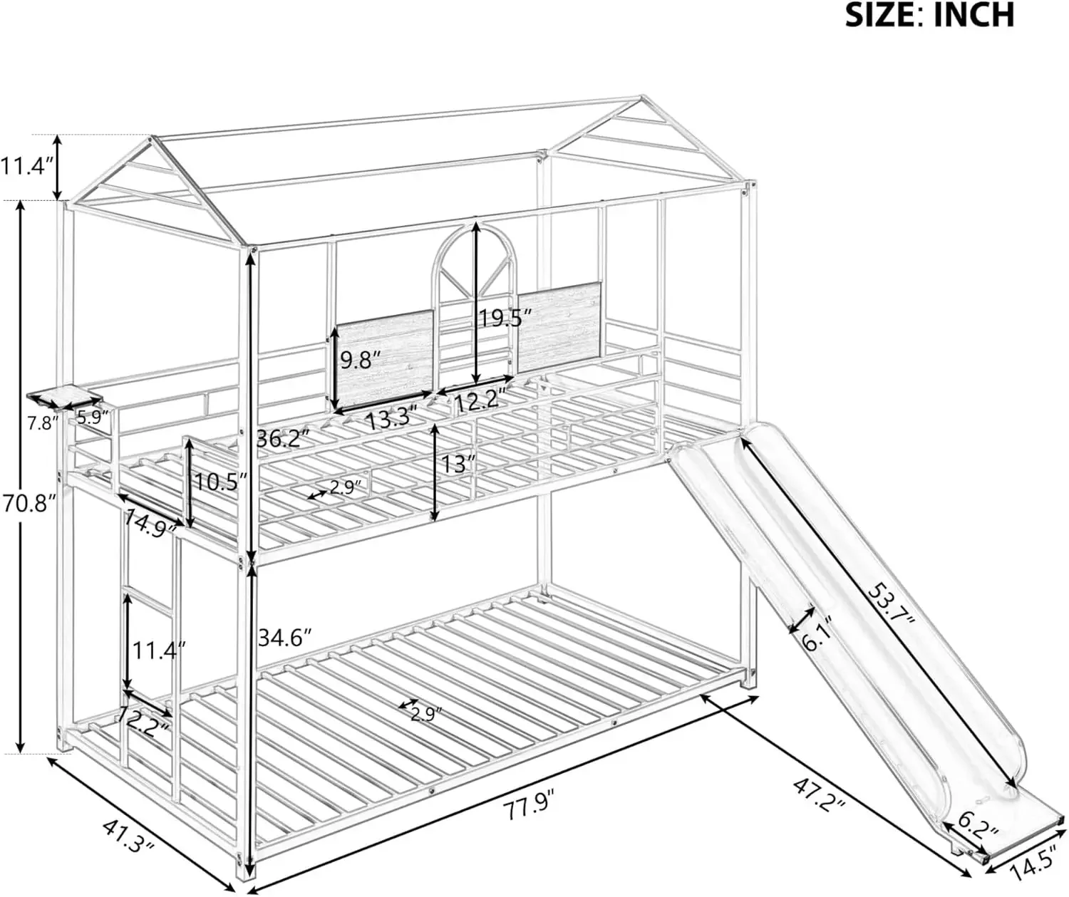 

Double bed house shape, with slide, metal Flat noodles, safety fence, ladder, window design, space saving, easy to assemble