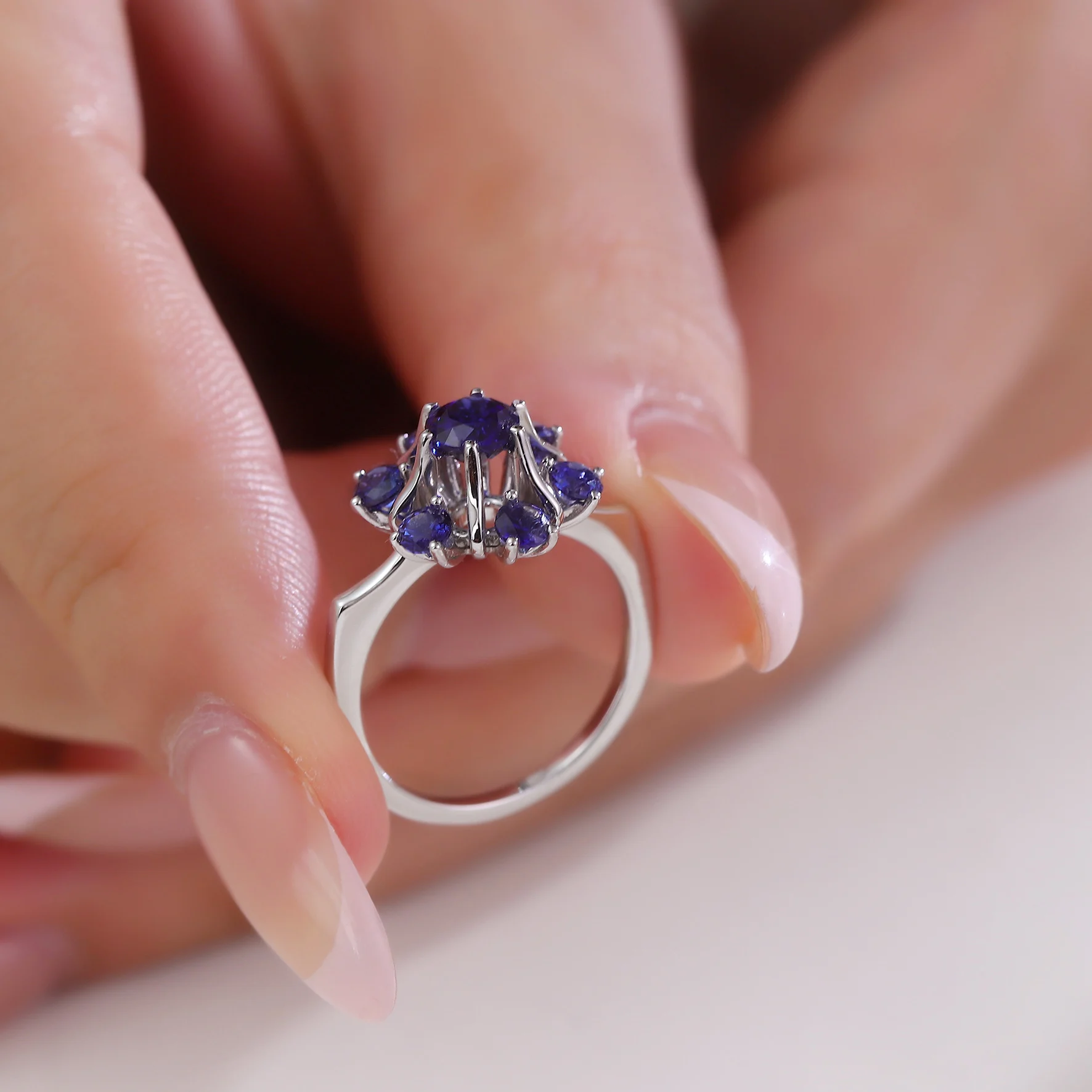 Cincin Kawin Provence untuk Wanita 14K Emas Padat Biru Lab Batu Permata Cincin Bunga Ulang Tahun Pertunangan Kustom Pribadi