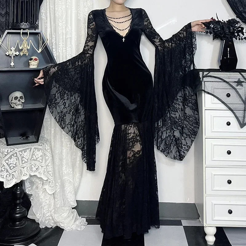 Y2K Goth Floral Lace Mesh Flared Sleeve Bodycon Party Dresses Sexy Vintage Elegant Black Velvet V-Neck Long Dress Partywear