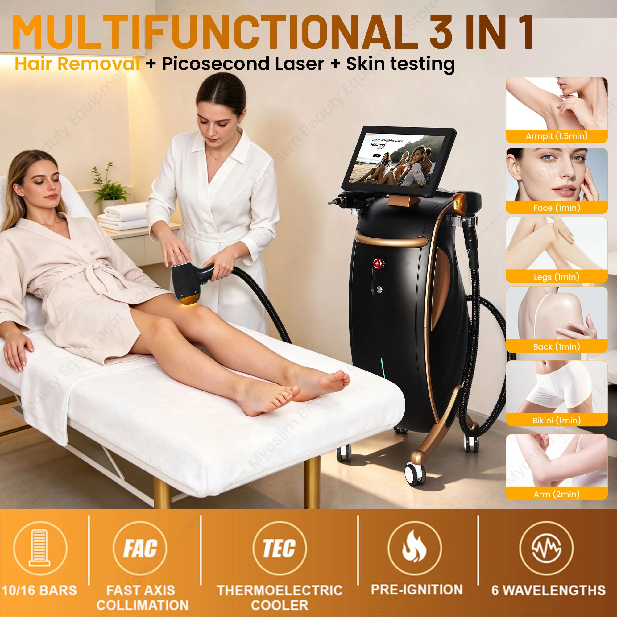 Professional 3‑in‑1 Diode Laser System,6 Wavelength Picosecond Hair Removal Tattoo & Skin Testing Machine for Beauty Salon Use