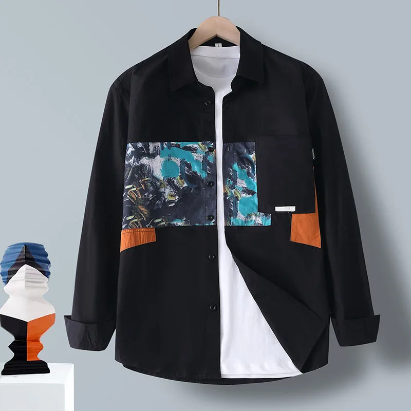 

Men'S Spring New Spliced High-Quality Comfortable Fashionable Shirt Loose Large Size Versatile Casual Long-Sleeved Shirts M-3XL