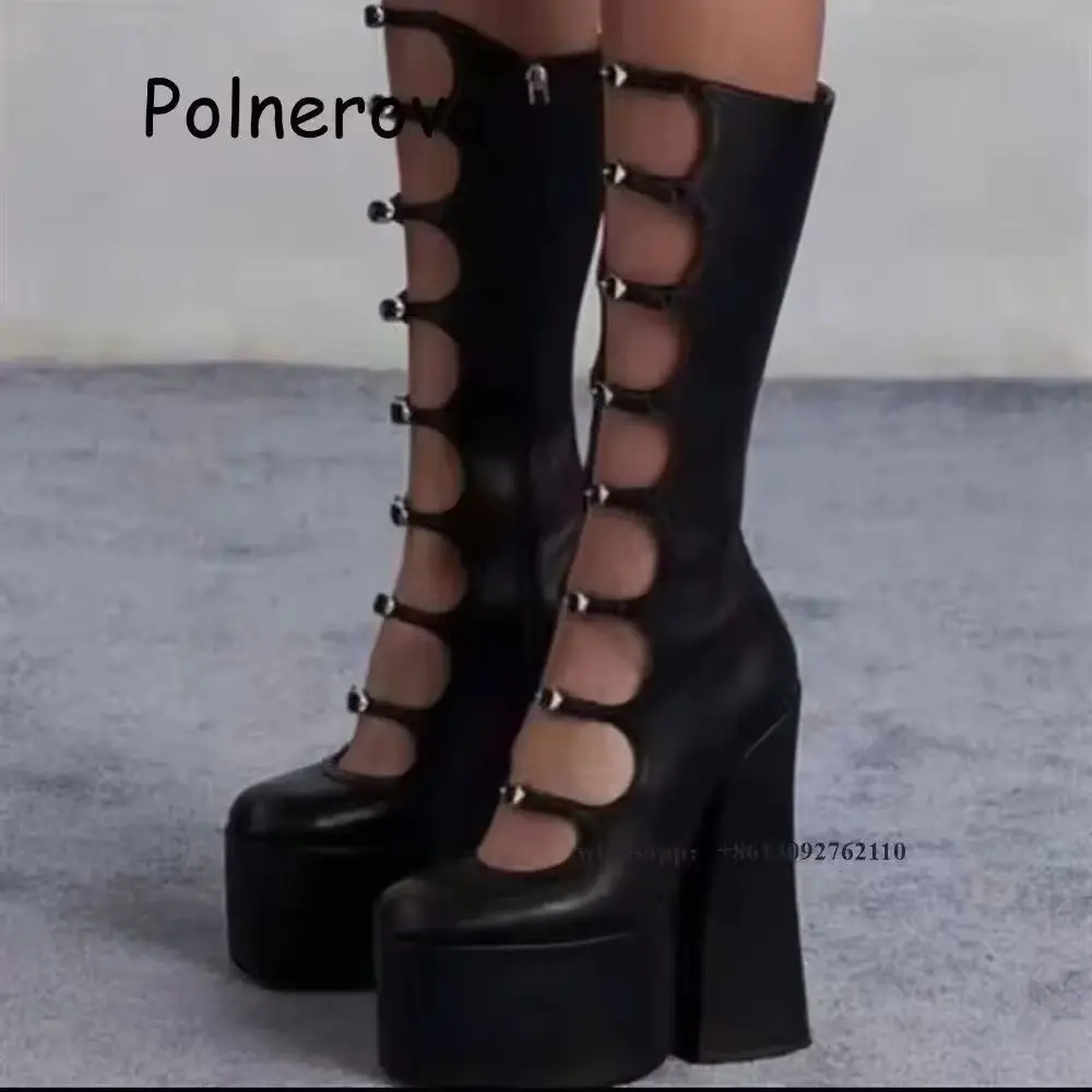 Solid Platform Multi Buckle Boots Women's Chunky Heel Stylish Straps Roman Shoes Ladies Sexy Hollow Rock Style High Boots