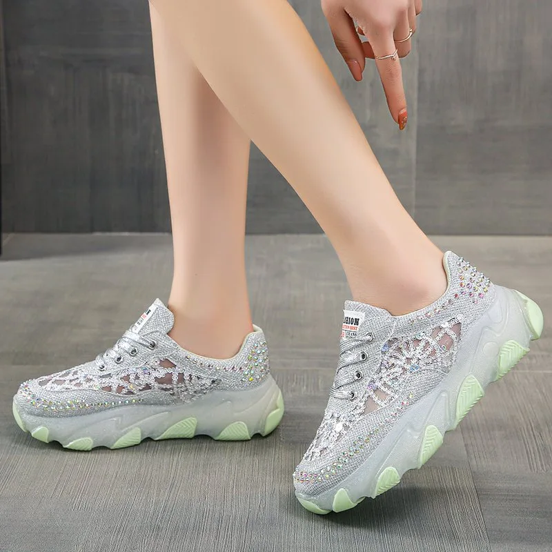 Women Sports Shoes Breathable Rhinestone Sparkling 2024 Autumn New Korean Version Jelly High Elasticity Thick Sole Casual Shoes
