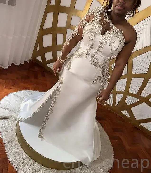 Arabic Aso Ebi One Shoulder Wedding Dresses Lace Crystals Detachable Train Satin black girl mermaid princess Bridal Gowns