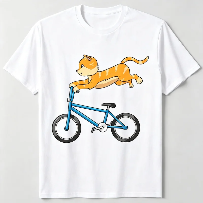 Cartoon Orange Cat Blue Bicycle Art T Shirt Multi Color Options Cotton Short Sleeve Urban Style Daily Gift Tee for Cat Fans Top