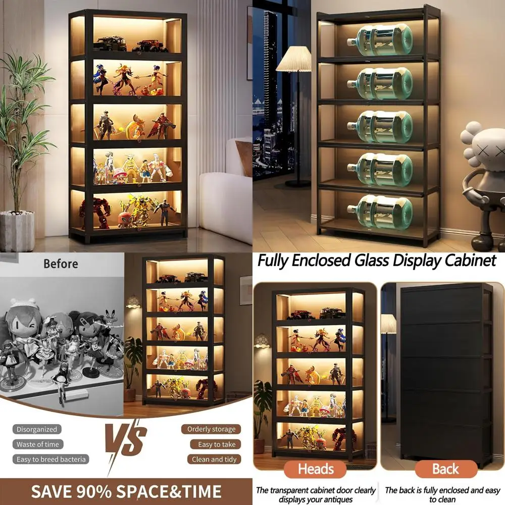 Display Cabinet with Acrylic Glass Doors, 5 Tier Bamboo Curio Cabinets & Display Case for Collectibles, Kids Bookcase for Home,