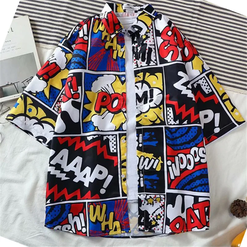 Y2K Japan Anime Cartoon Puzzle Print Vintage Shirt Summer New Men Hawaiian Short Sleeve Casual Mens Women Couple Shirts Oversize