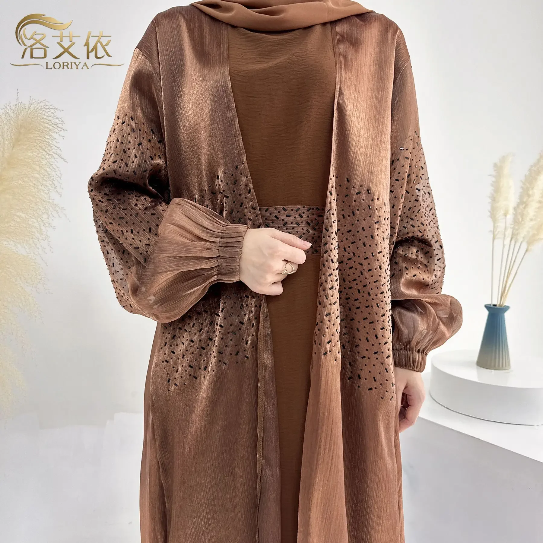 Solid Color Puffy Sleeves Arabic Dress for Women Moroccan Dubai Abaya Cardigan Loose Ramadan Muslim Femme Robe Evening Dresses