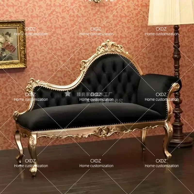French Neoclassical Solid Wood Carved Flower Armchair Black Velvet Fabric Button Tufted Sofa Chair for Living Room Beauty
