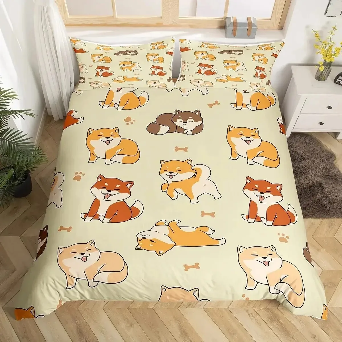 2/3-teiliges Bettwäsche-Set mit süßem Shiba Inu-Motiv, Bettbezug und Kissenbezug, Bettwäsche-Set für Teenager und Erwachsene, Einzel-/Doppelbett-Geschenk für Jungen und Mädchen