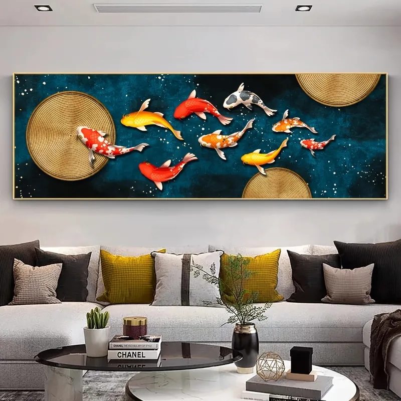 Unframe Large Wall Decorative Painting on Canvas Chinese Style Koi Poster Nine Fish Illustration Feng Shui Carp Lotus Pond Home
