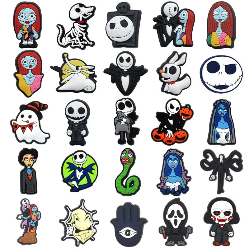 Mesuca 15/25Pcs Set Hi-Q Cartoon Halloween Jack Sally Zero Shoe Charms For Slides Sandals DIY Custom Accessories Clog Shoe Decor