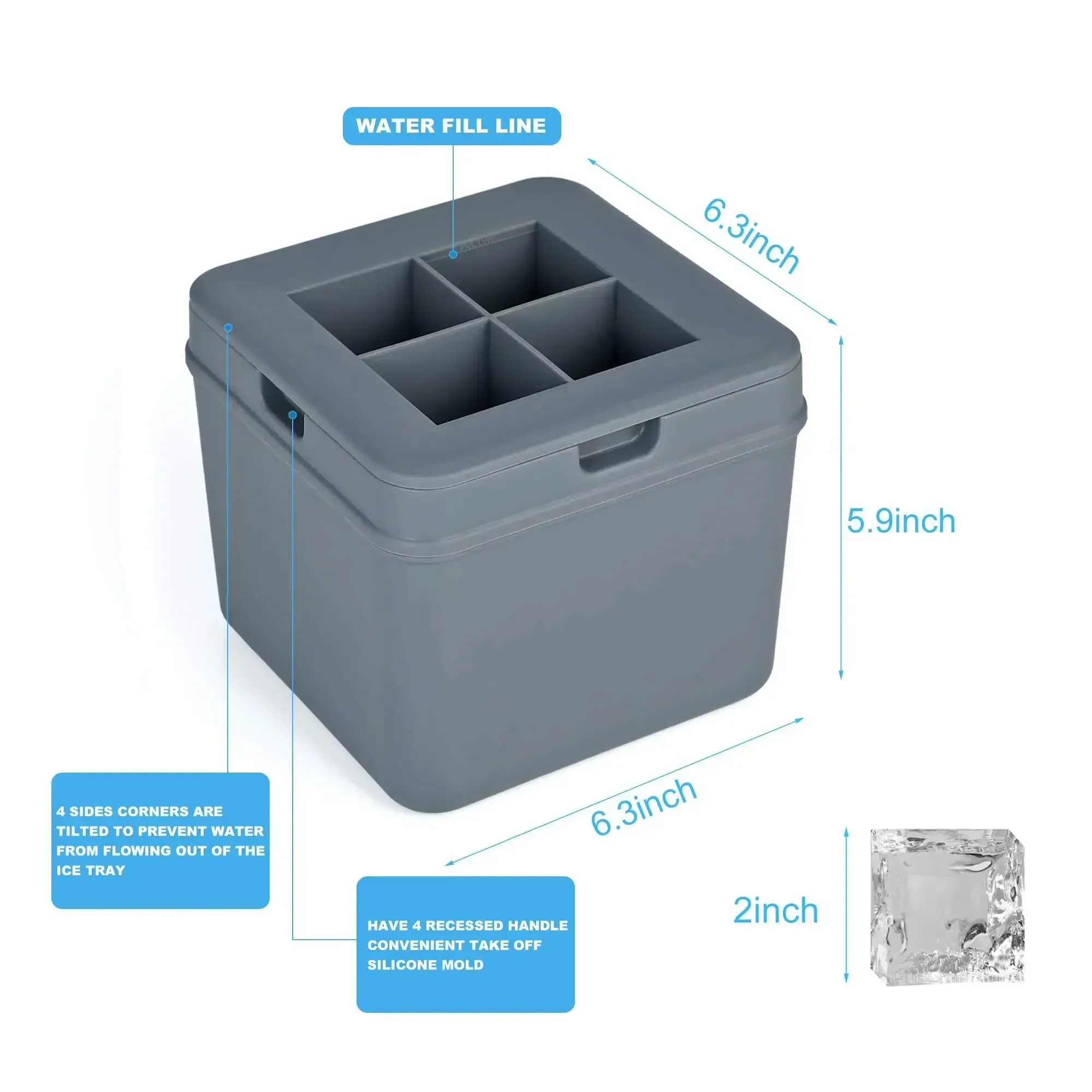 4 Large Square Crystal Clear Ice Cube Maker Easy Release BPA Free Silicone Cocktails Drinks Whiskey