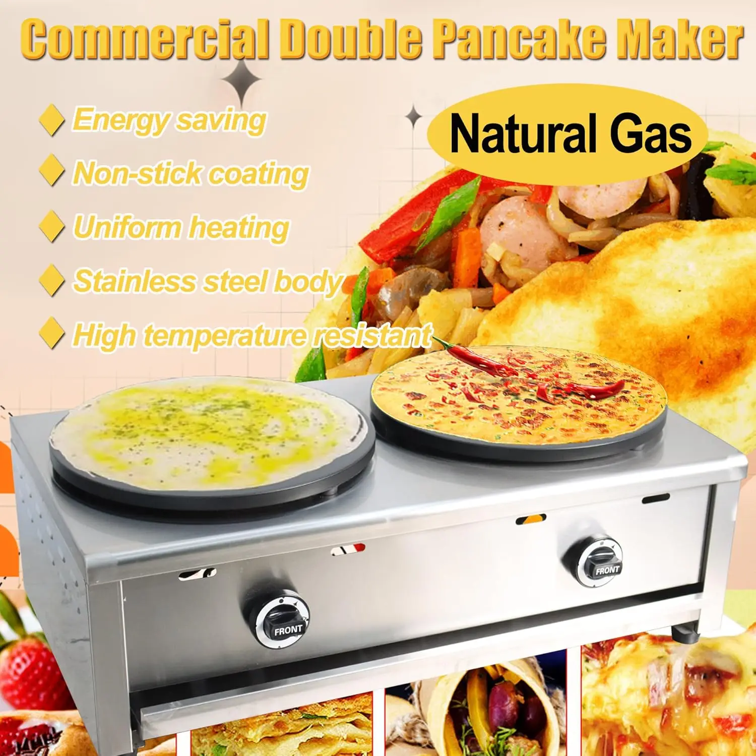 Double Burner 15.75" Commercial Pancake Maker Natural Gas 2000Pa Nonstick Crepe Maker Pancake Griddle Machine