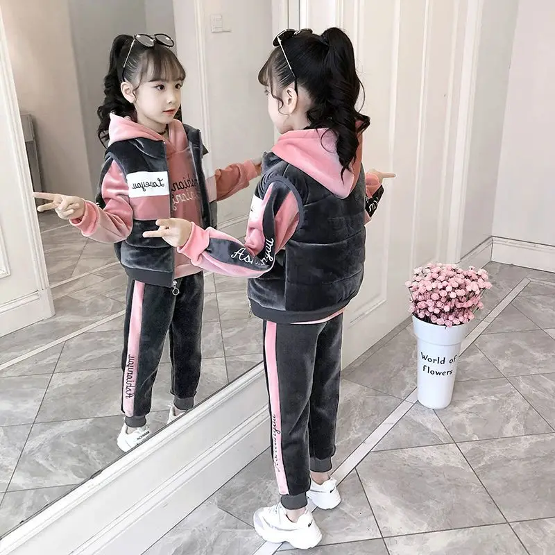 3PCS New Kids Clothes Suit Girls Winter Clothing Fashion Casual Big Children Letter Jacket + Leggings Three-piece Set 2-12 Years