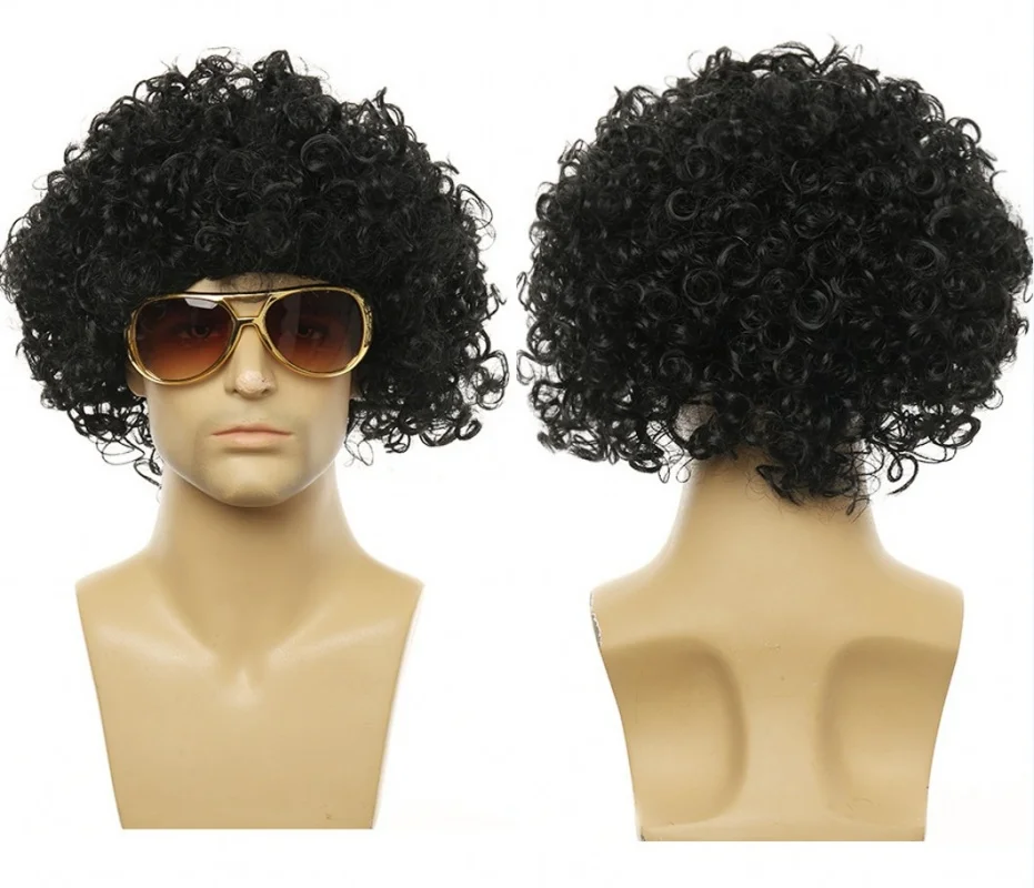 วิกผมสังเคราะห์แบบหยิกฟู หมวกคลุมผมสำหรับผู้ชาย สไตล์แอฟริกัน วิกผมปลอมสำหรับดิสโก้ ฮิปปี้ ร็อค ปาร์ตี้ ฮาโลวีน คอสเพลย์